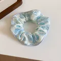Elegant light blue and white floral pattern silk scrunchie hair tie for women's hairstyle - Scrunchie / Cyan White