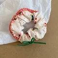 Elegant sweet floral polka dot scrunchie hair tie with red gingham trim and green suede bow - Scrunchie / Red-Green