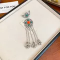 Vintage ethnic style bell tassel hair clip with vibrant orange and green stones decoration - Vintage Moon Gemstone Tassel Bell Style / Silver
