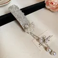 Exquisite pearl tassel hair clip decorated with clear crystals for an elegant luxury style - Crystal Pearl Beaded Tassel Style / Single Piece / White