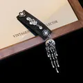Vintage style black hair clip with rhinestone flower and tassel detail - Four-Leaf Clover Rhinestone Chain Tassel Style / Single Piece / Black