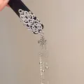 Elegant silver rhinestone floral oval duckbill hair clip with dangling bead tassels - Oval Floral Triple Tassel Bead Style / Single Piece / Silver