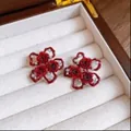 Elegant red rose flower stud earrings with pearl accents displayed in a cream jewelry box - Style 34#