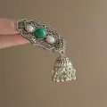 Vintage ethnic bell tassel hair clip with turquoise and pearl accents in silver finish - Filigree Turquoise Bell Tassel Style / Single Piece / Silver