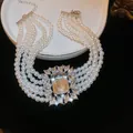 Elegant multilayer pearl bridal necklace with large vintage crystal centerpiece - Hepburn Style Necklace / 6mm / Silver