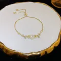 Gold-plated adjustable zircon bracelet with elegant pale green center stone for women - 94# Gold Plated Leaf Style