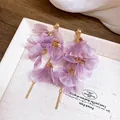 Elegant purple gauze flower drop earrings with golden tassels in a pastoral style - Flower Mesh Drop Earrings (HE20284) / Purple