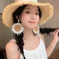 Exaggerated straw woven sunflower earrings with drop beads for beach resort style - Silver Earring Post Style / Gold-White-Coffee