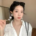 Elegant oversized silver dangling earrings with textured circular plates for fashion women - Silver Earring Post Style / Silver