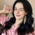 Elegant long bohemian chandelier earrings with colorful beads for beach vacation - Hook Style / Gold-Pink-Green-Blue