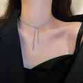 Elegant silver zirconia tassel choker necklace for elegant formal gown dress outfit - Ring Bowtie Choker (15#) / Silver