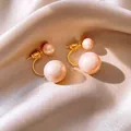 Elegant vintage double pearl earrings with soft pink luster and gold curved metal accents - Silver Post Stud (16)