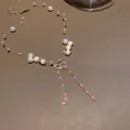 Elegant rhinestone bow pearl choker necklace with transparent invisible chain - Necklace Style 18 / Silver