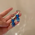 Trendy Klein blue bear charm hoop earrings with silver pins for a minimalist style - Letter Bear Ear Buckle