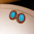 Boucles d'oreilles ovales vintage style palais avec turquoise et strass - 15# Boucles d'oreilles (HE22311-1) / Or-Rouge-Bleu