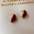 Retro red enamel crescent stud earrings with gold plating and s925 silver needles - 16 Silver Needles - Red