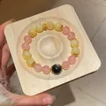 New Chinese style beaded bracelet with pink agate and yellow moonstone on wood tray - Style 57 Strawberry Quartz & Rutilated Quartz (With Gift Box) / Pink Yellow