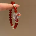 Elegant red agate beaded bracelet with pearl and crystal butterfly pendant in SKU view - Style 85 Red Agate (With Gift Box) / Red