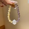 Macro view of elegant amethyst and citrine beaded bracelet with hexagonal quartz stone - Style 82 Citrine & Amethyst (With Gift Box) / Purple & Yellow