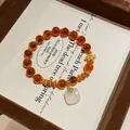 Elegant red agate beaded bracelet with a gold Chinese knot and square white jade pendant - Style 77 Sugar Heart Agate & White Agate (With Gift Box) / Red & White