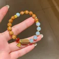New Chinese style beaded bracelet with red agate, moonstone, and gold charms - Style 103 Kukmu Wood & Hetian Jade (With Gift Box) / Brown & White & Blue