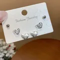 Detailed view of six-piece heart and round stud earring set featuring zircon accents - Heart Round Ball Style (4#) / 6-Piece Set / Silver
