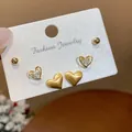 Detailed macro view of 18k gold plated heart and ball stud earrings set with zircon stones - 18K Gold Plated Heart Round Bead Style (3#) / 6-Piece Set / Gold