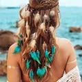 Back view of a bohemian beaded feather headband featuring turquoise and brown long tassels - Feather Headband / Coffee-Blue
