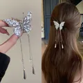 Sparkling silver butterfly hair claw clip with long crystal tassels for hairstyles - Silver Rhinestone Butterfly Tassel (1#)