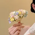 Close-up of delicate pastel fabric flower hair fork with golden metal base - Hair Stick (5#) / Gold-Multicolor