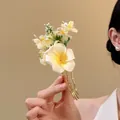 Elegant white plumeria and jasmine floral hair fork for vacation with wavy gold prongs - Hair Stick (9#) / White