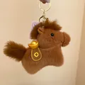 Handmade brown plush horse keychain with a traditional golden ingot accent for bags - Charm / Dark Coffee