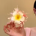Sweet yellow and white Plumeria fabric flower hair clip for seaside holiday style - Duckbill Clip (20#) / Pink