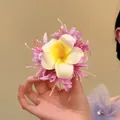 Fabric plumeria flower hair clip in pink and white for beach vacation styling - Duckbill Clip (23#) / Purple