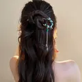 Elegant New Chinese style bamboo hair pin with green beads and tassel for bun hair - Green Bamboo (25#) / Gold
