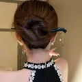 Elegant black acetate hair stick with green dangles for New Chinese style hair bun - Black Wave Tassel (18#) / Black