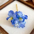 Blue fabric flower hair pin with U-shaped gold-tone clip for elegant hairstyling - Hair Stick (36#) / Gold-Blue