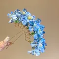 Elegant blue fabric flower hair fork with golden metal frame for sweet seaside holiday style - Hair Stick (41#) / Blue