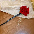 Elegant red rose hair stick with heart rhinestone and long sparkling rhinestone tassel - Rose Tassel (35#) / Black and Red
