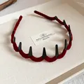 Elegant red velvet wrapped headband with teeth for non-slip hair styling - Wave Velvet Style / Burgundy