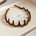 Brown velvet wrapped headband with black non-slip teeth for high skull top look - Wave Velvet Style / Brown