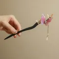 Elegant pink glitter butterfly acetate hair stick with pearl tassel for updos - Pink Purple Butterfly (37#) / Black with Pink Flowers