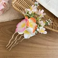Handmade floral hair comb featuring colorful fabric plumeria and white blossom detail - Hair Stick (54#) / White-Pink-Orange