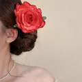 Elegant sweet red fabric rose flower hair clip for seaside vacation hair styling - Hair Stick (64#) / Red