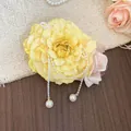 Elegant yellow fabric flower hair clip with pearl tassels for beach resort and sweet style - Duckbill Clip (68#) / Yellow and Pink