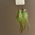 Bohemian light green feather earrings with golden leaf charms in a vintage style - Feather Leaf Ear Hook / Green