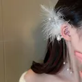 Elegant white feather ear cuff jewelry with pearl tassels in bohemian style for women. - Single Ear Hook Right / White