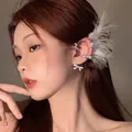 Bohemian feather ear cuff set with sparkling rhinestone bow earrings for women - Silver Left Ear Hook / White