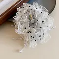 Vue détaillée de la pince à cheveux élégante en dentelle à pois avec glands en cristal - Blanc