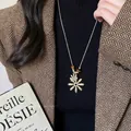 Vintage flower pendant necklace with tiger eye beads on a long golden chain for women - Gold